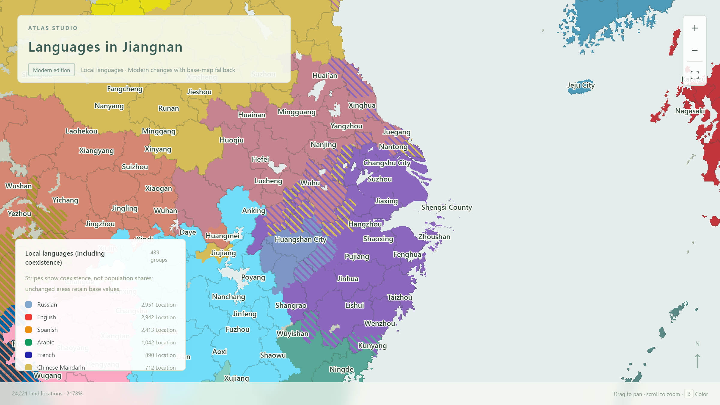 The Jiangnan language map in Atlas Studio, with solid core areas and striped transition zones.