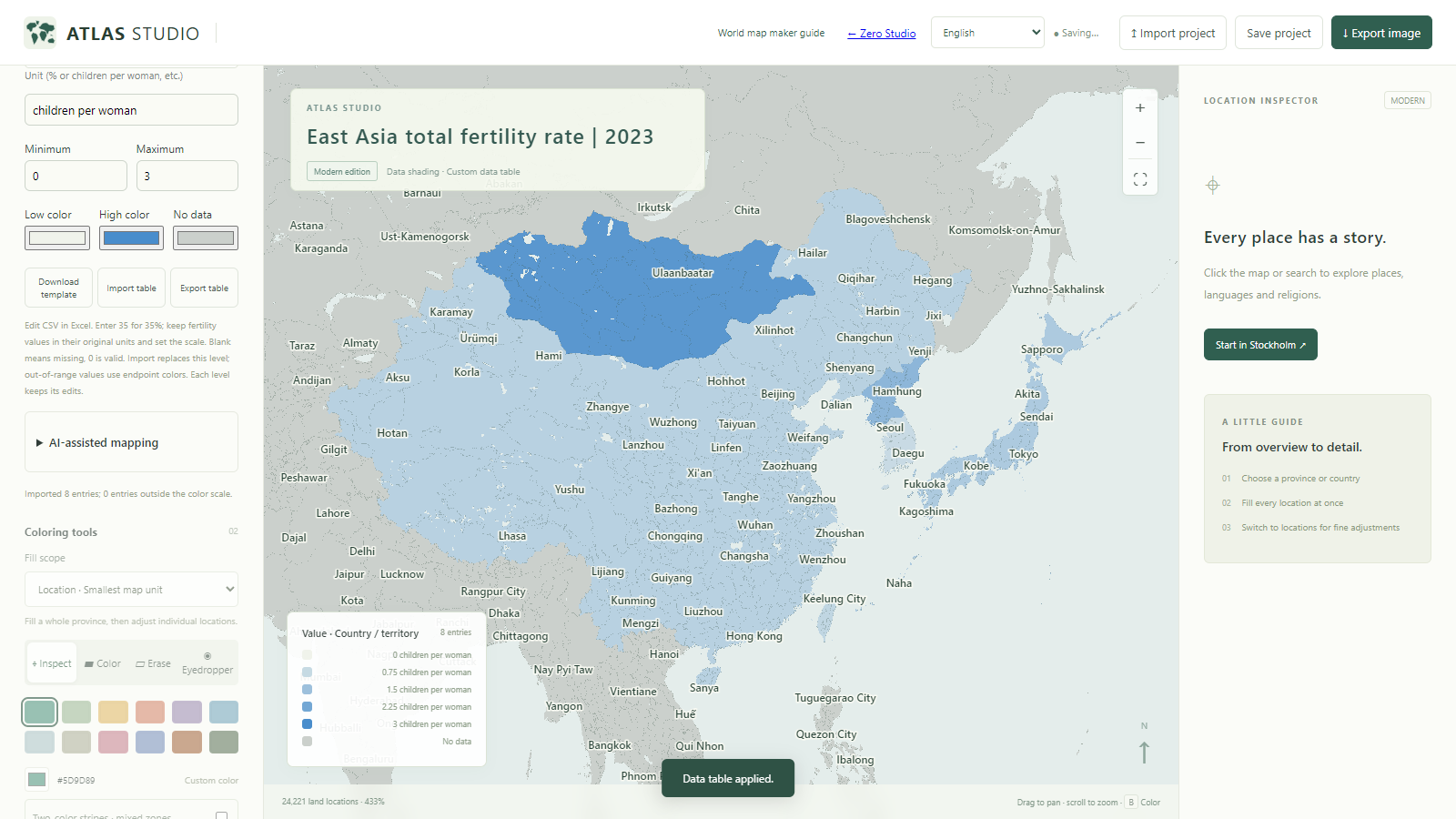 Atlas showing the 2023 East Asia total fertility rate map after importing CSV data.